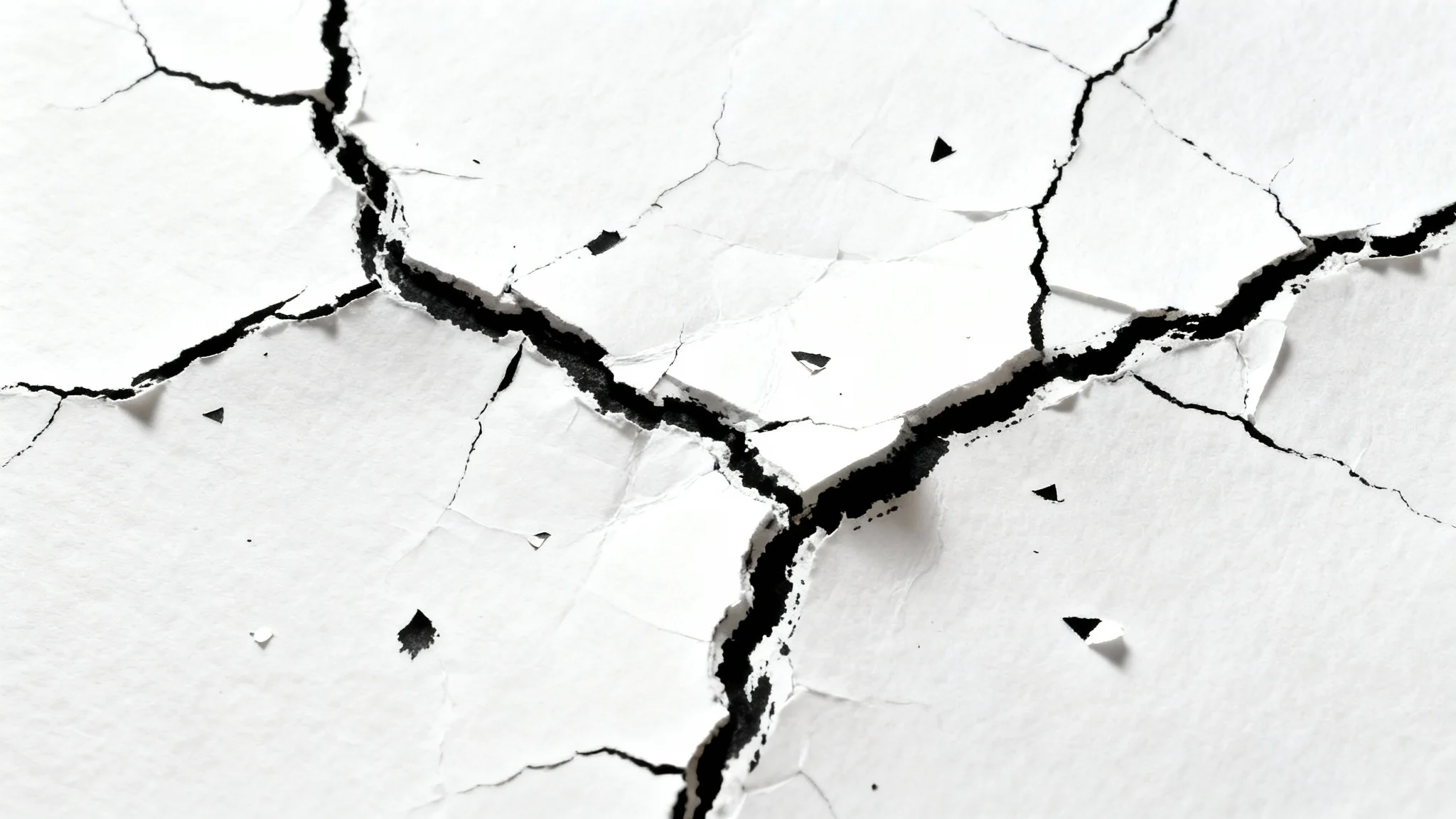A close-up, high-contrast black and white image showing a cracked ink texture on a white surface, creating a distressed and weathered effect.