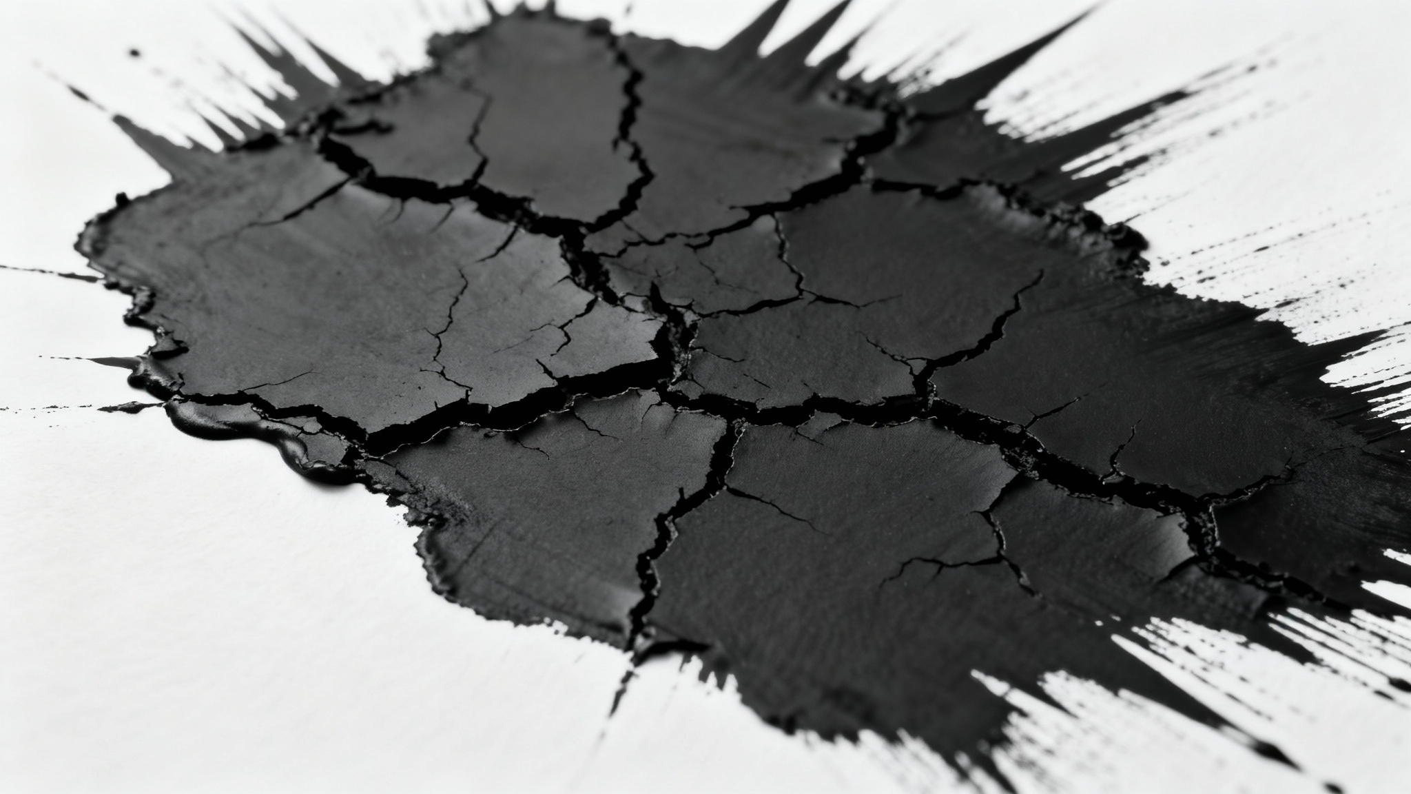 A close-up, top-down macro photograph of a black cracked ink texture on a clean white surface, showcasing the intricate web of cracks and fissures in high detail.