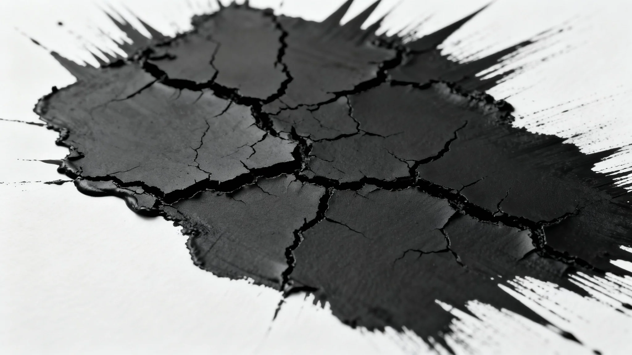 A close-up, top-down macro photograph of a black cracked ink texture on a clean white surface, showcasing the intricate web of cracks and fissures in high detail.