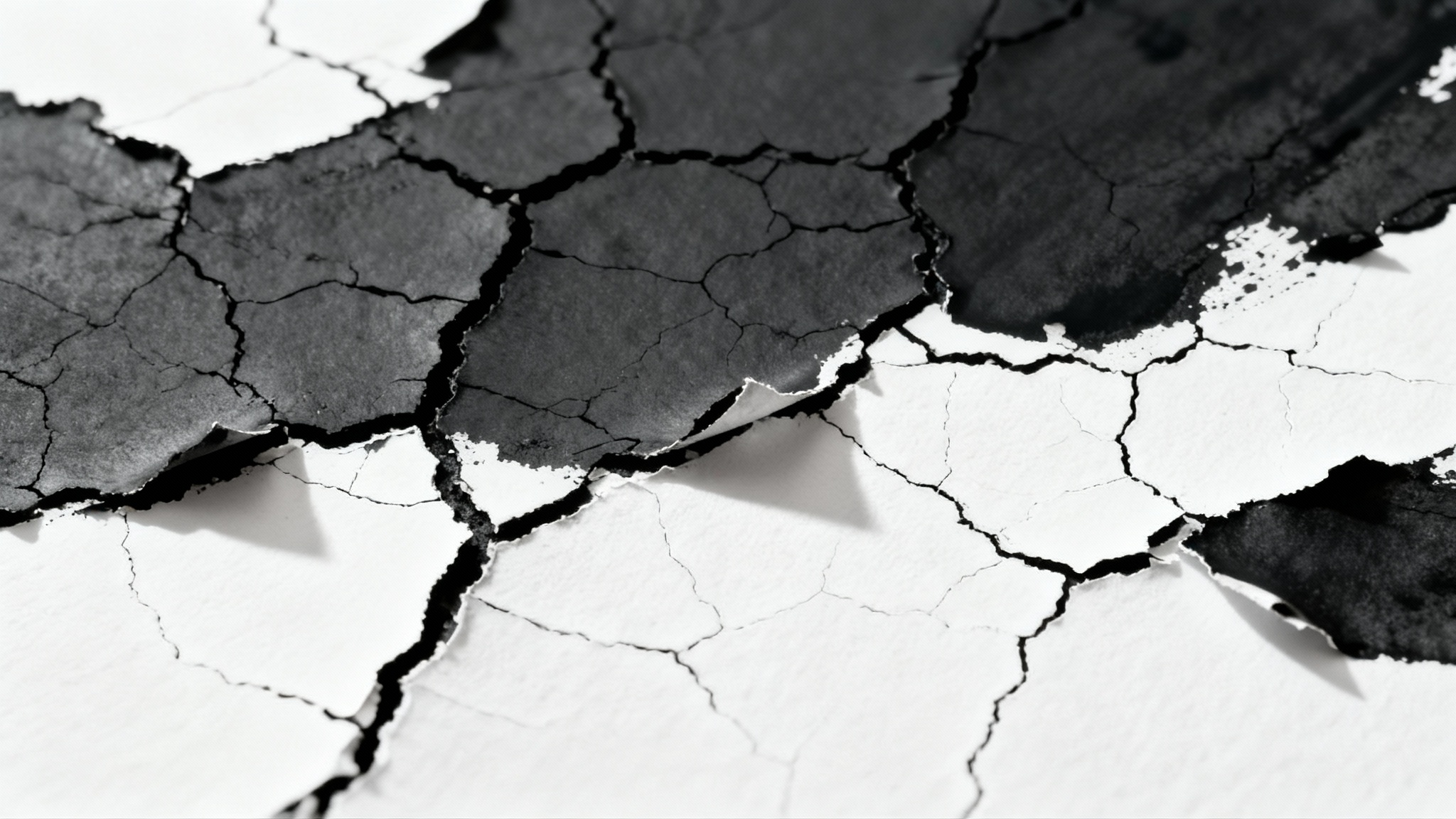 A detailed macro image of a black cracked ink texture on a white surface, showing an intricate web of cracks and fissures in high contrast.