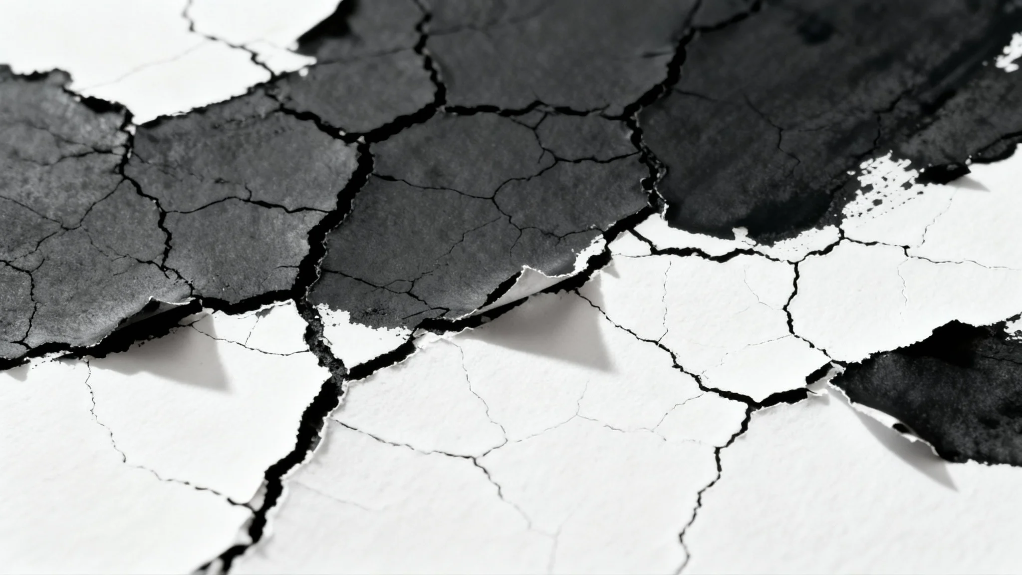 A detailed macro image of a black cracked ink texture on a white surface, showing an intricate web of cracks and fissures in high contrast.
