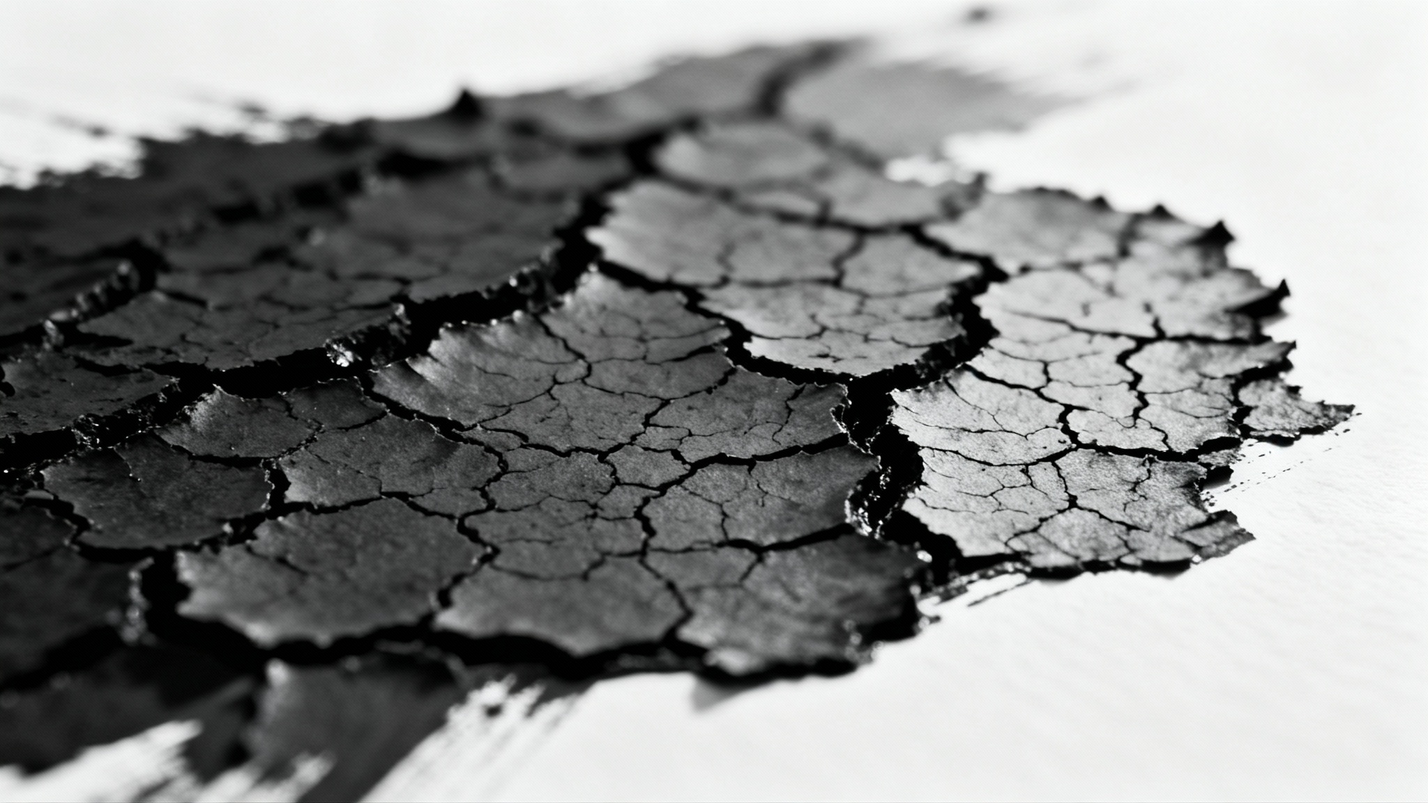 A detailed macro shot of a black ink texture that has dried and cracked, creating a web of fine lines and fissures on a clean white background.