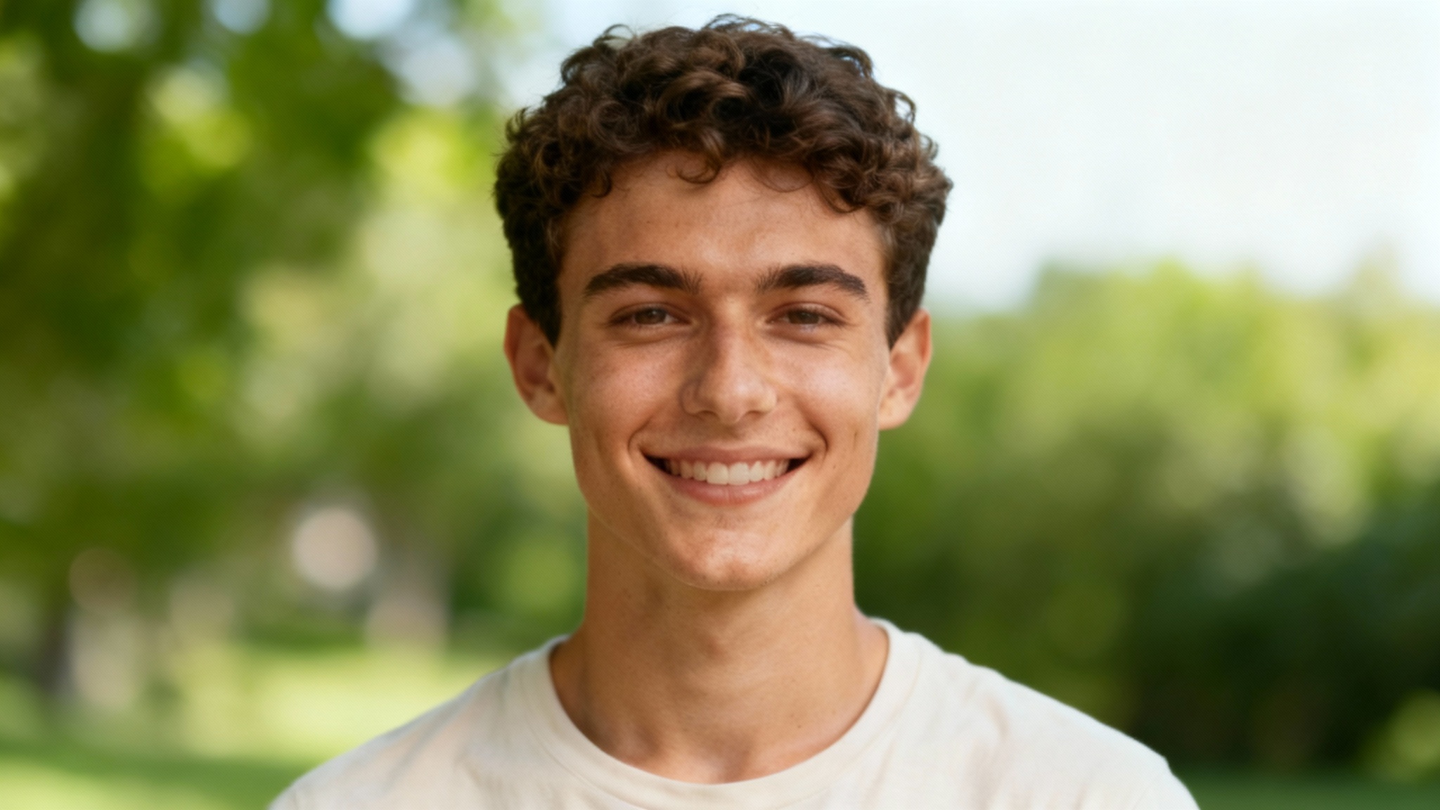A landscape photograph of a young man, created by an AI tool that expanded an original vertical portrait. The man is in the center, and the green, blurry background has been extended to the sides to fit the wide 16:9 format.