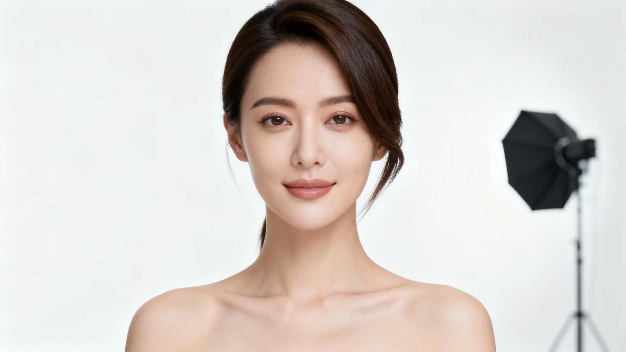 A high-quality studio portrait of a woman, framed vertically to showcase the portrait aspect ratio, set against a clean white background.