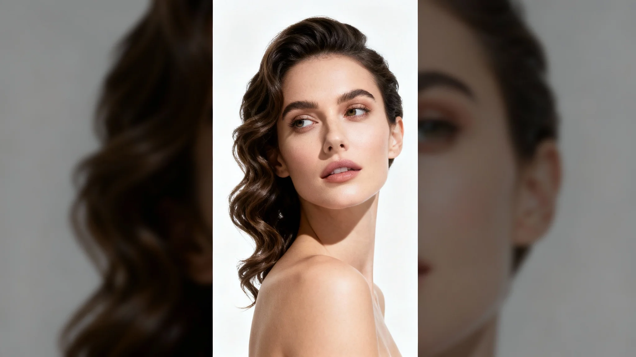 A professional, photorealistic studio portrait of a woman against a solid white background, demonstrating a classic portrait aspect ratio.