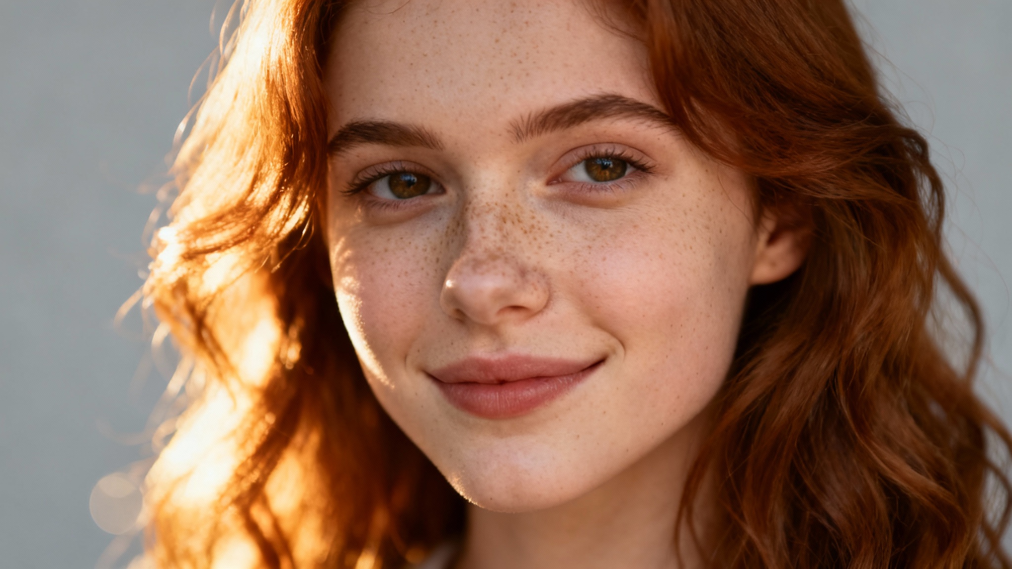 A photorealistic, close-up portrait of a young woman with freckles and wavy hair, smiling serenely against a plain, light gray background.