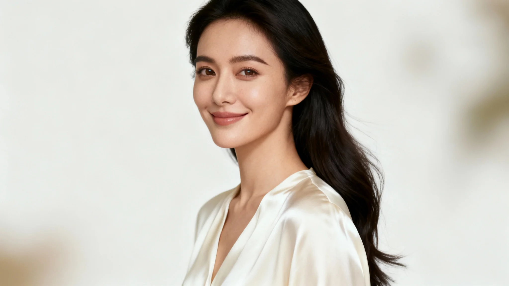 A professional, photorealistic portrait of a woman with dark hair smiling serenely, set against a clean, white background, demonstrating a perfect portrait aspect ratio.