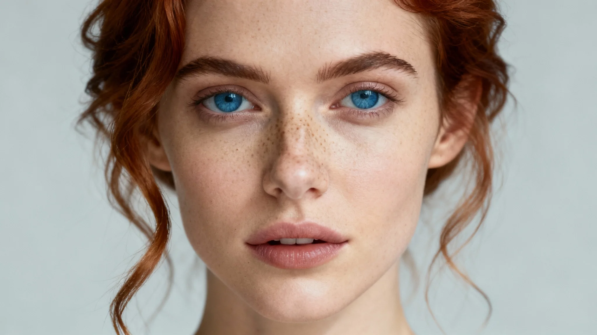 A beautiful, hyper-realistic close-up photo of a woman's face, exemplifying a portrait aspect ratio with a clean, simple background.