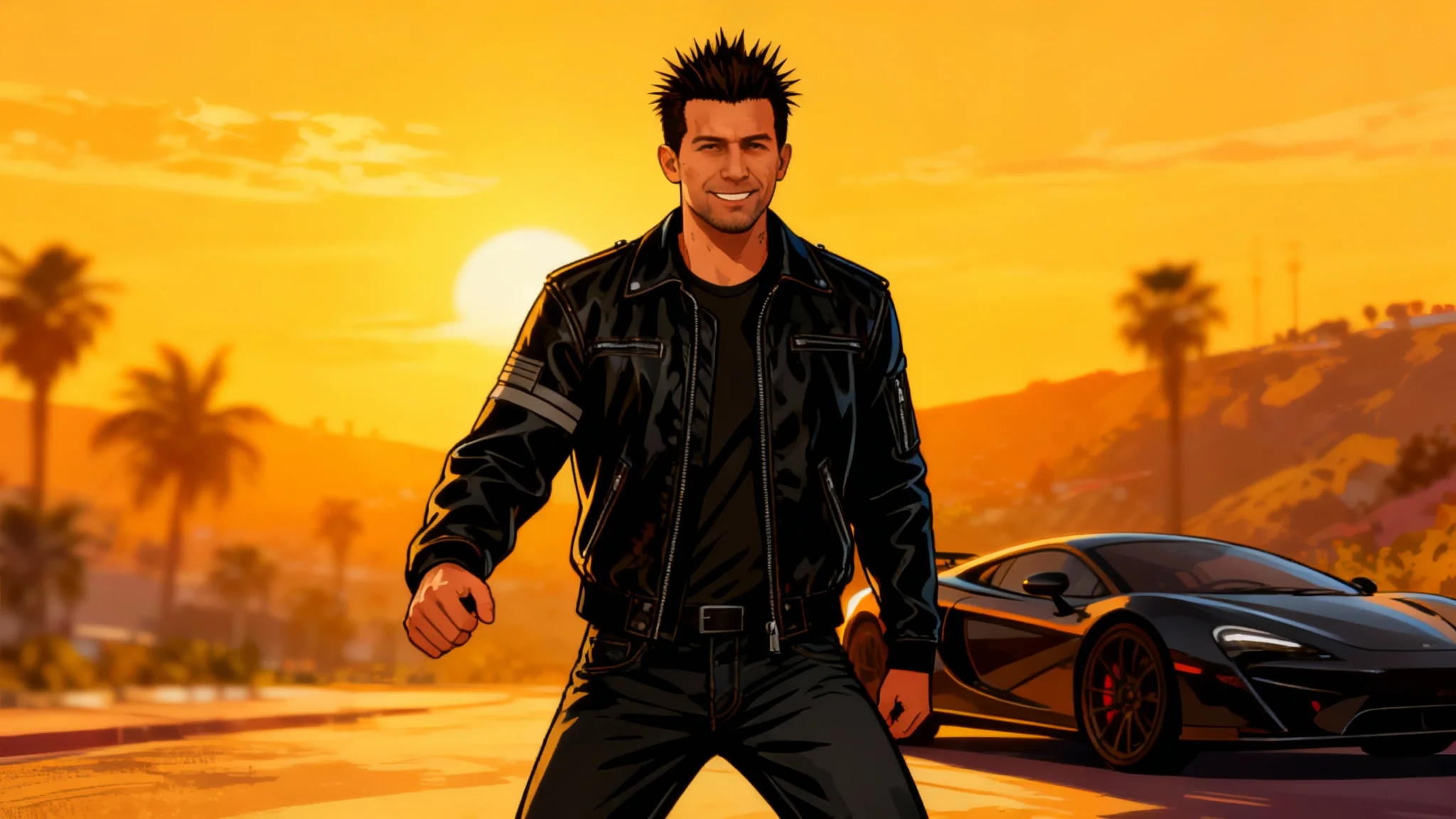 A finished male avatar created in the distinct illustrative style of Grand Theft Auto V. The character has spiky hair and a leather jacket, posing confidently in front of a sunny Los Santos-style background.