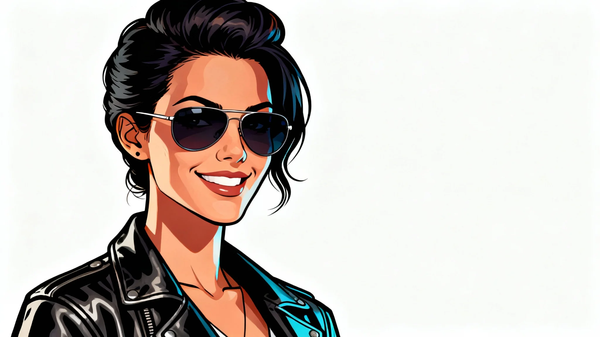 A digitally illustrated portrait of a woman in the signature art style of the Grand Theft Auto V video game, set against a white background.