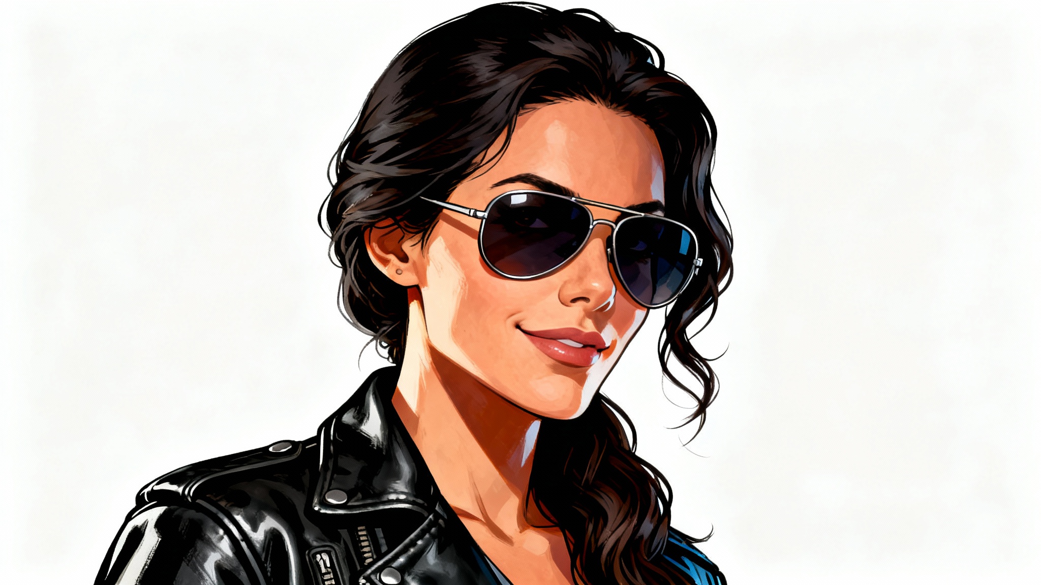 A digitally painted avatar of a woman in the style of Grand Theft Auto V. She has long dark hair, aviator sunglasses, and a leather jacket, set against a solid white background.
