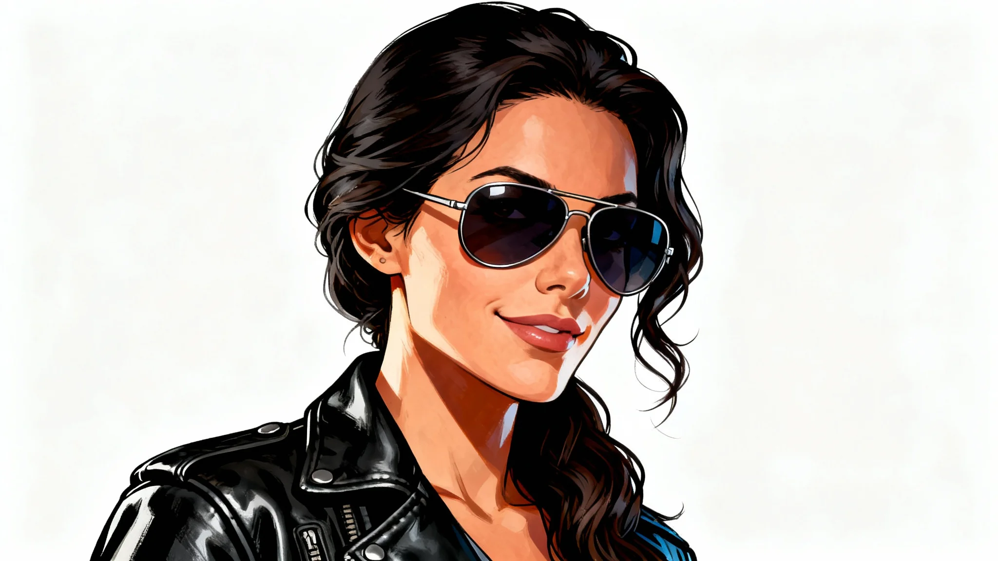 A digitally painted avatar of a woman in the style of Grand Theft Auto V. She has long dark hair, aviator sunglasses, and a leather jacket, set against a solid white background.