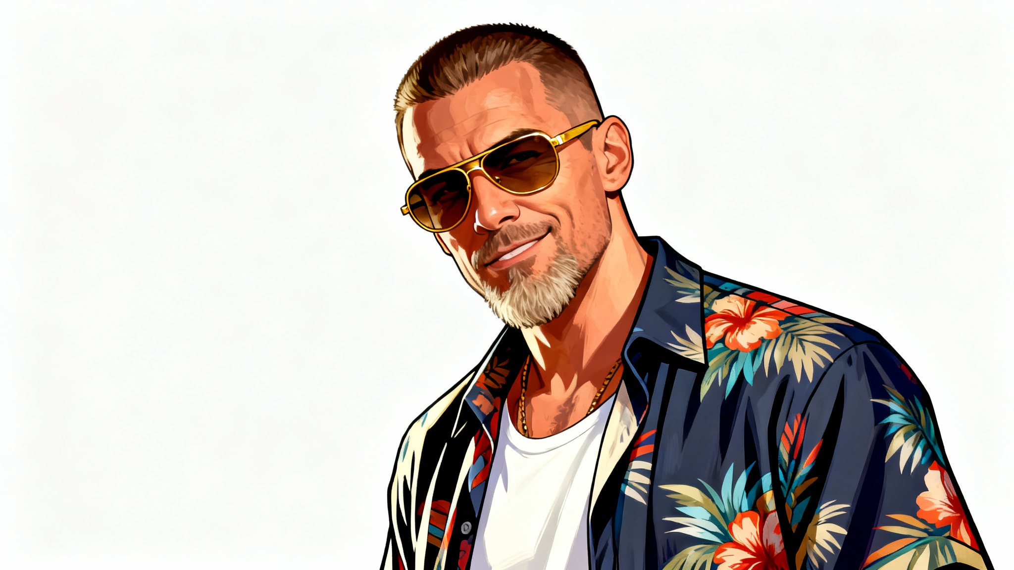 A male avatar created in the distinct, stylized art style of the video game Grand Theft Auto V, posing confidently against a white background.