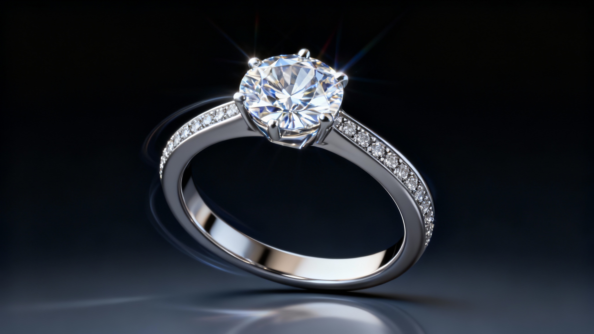 A photorealistic final render of a diamond ring animation, showing the ring mid-rotation with sparkling light trails against a dark, luxurious background.