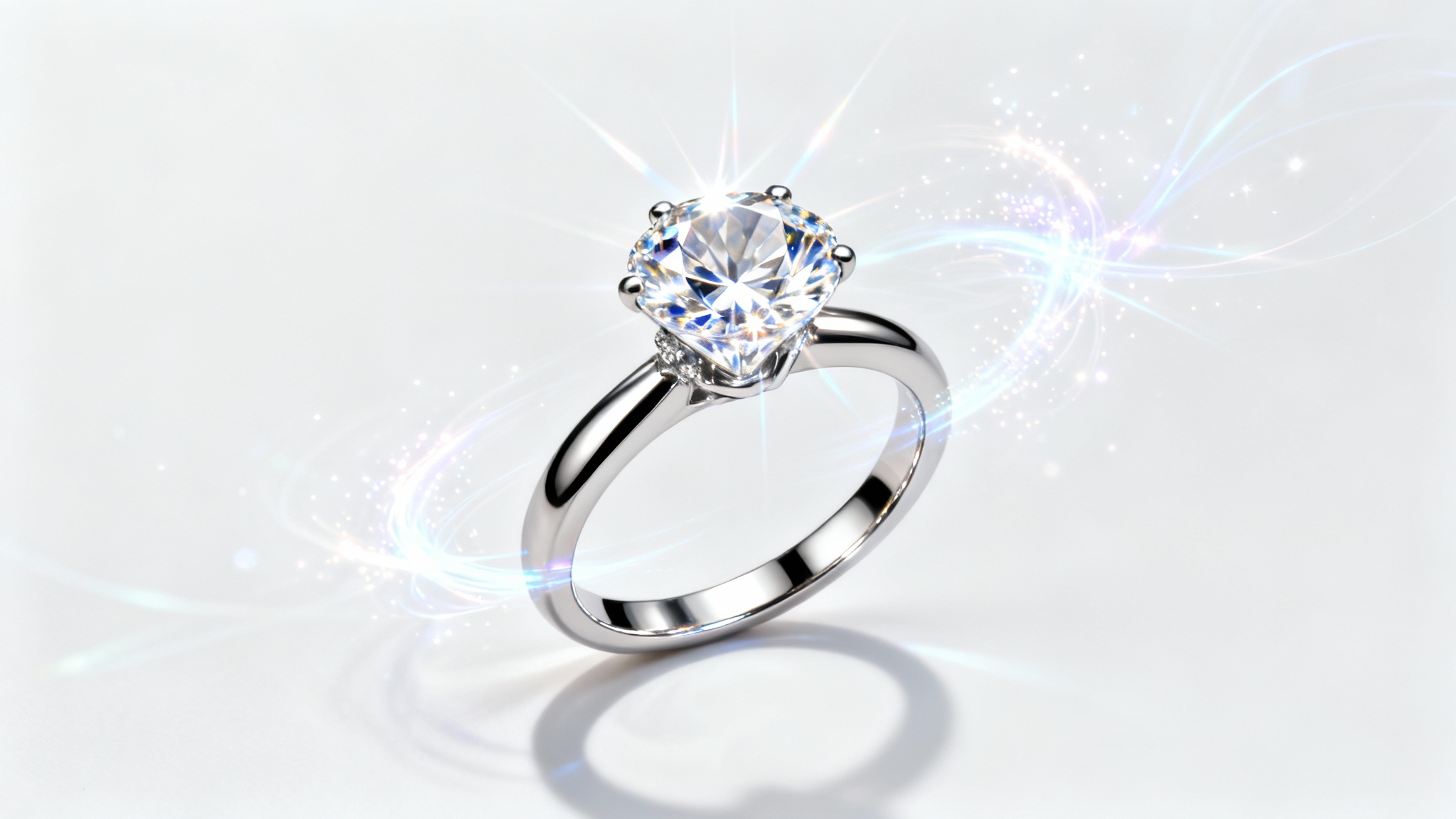A photorealistic diamond ring with sparkling light trails swirling around it, suggesting it's being animated, set against a clean white background.