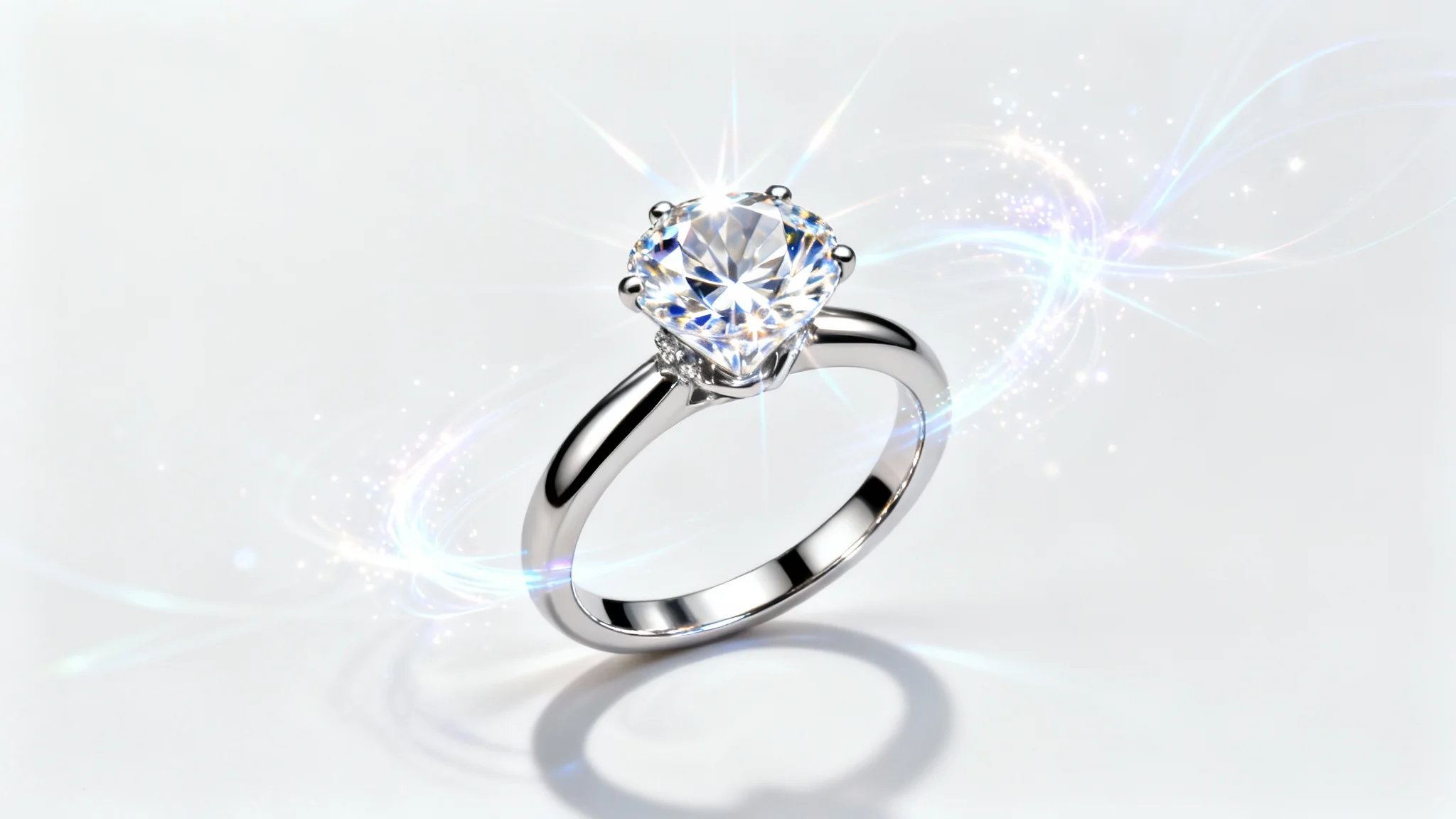 A photorealistic diamond ring with sparkling light trails swirling around it, suggesting it's being animated, set against a clean white background.