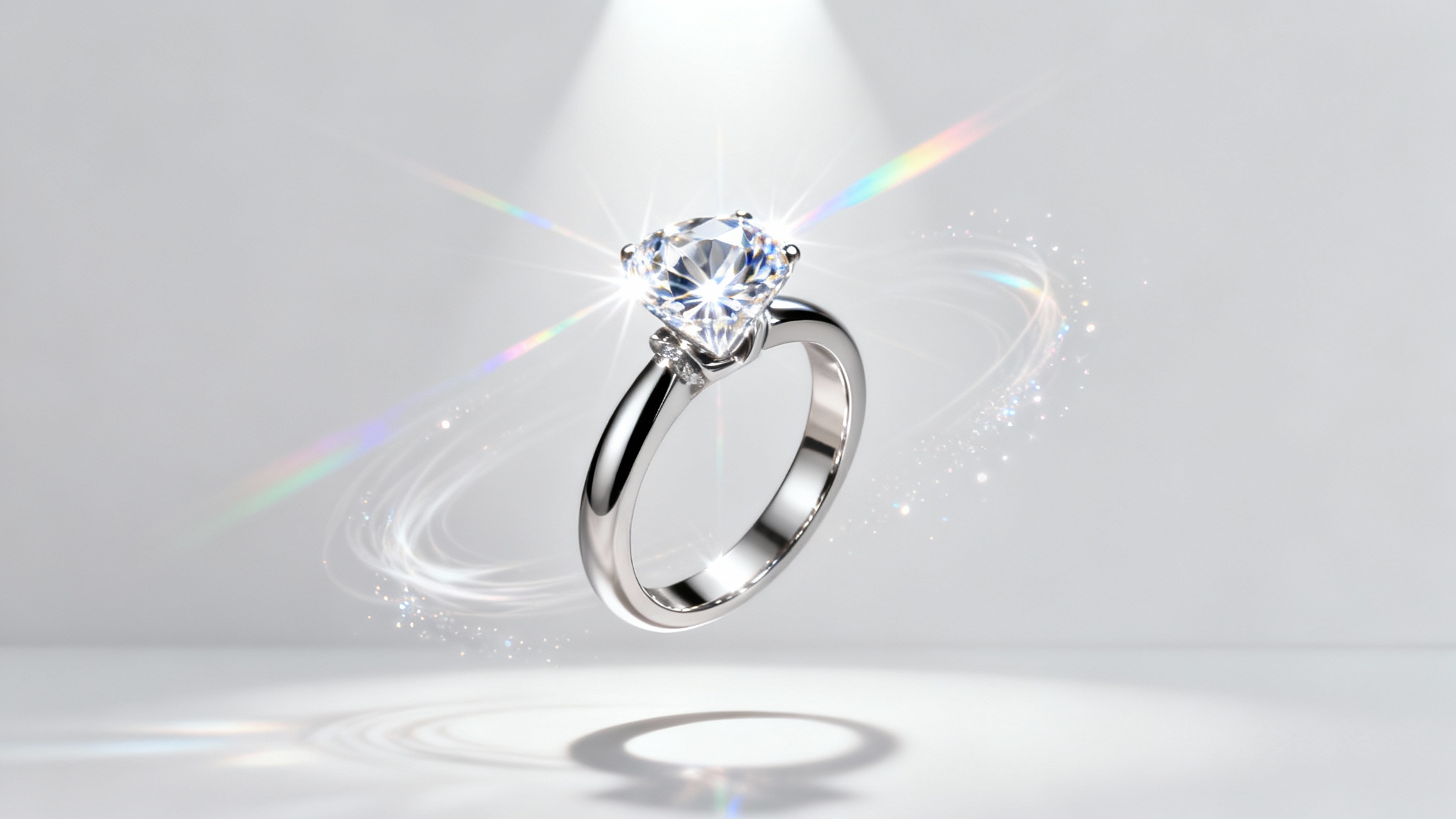 A hyper-realistic image of a brilliant-cut diamond ring levitating against a white background, with sparkles and light trails creating a sense of animation and movement.