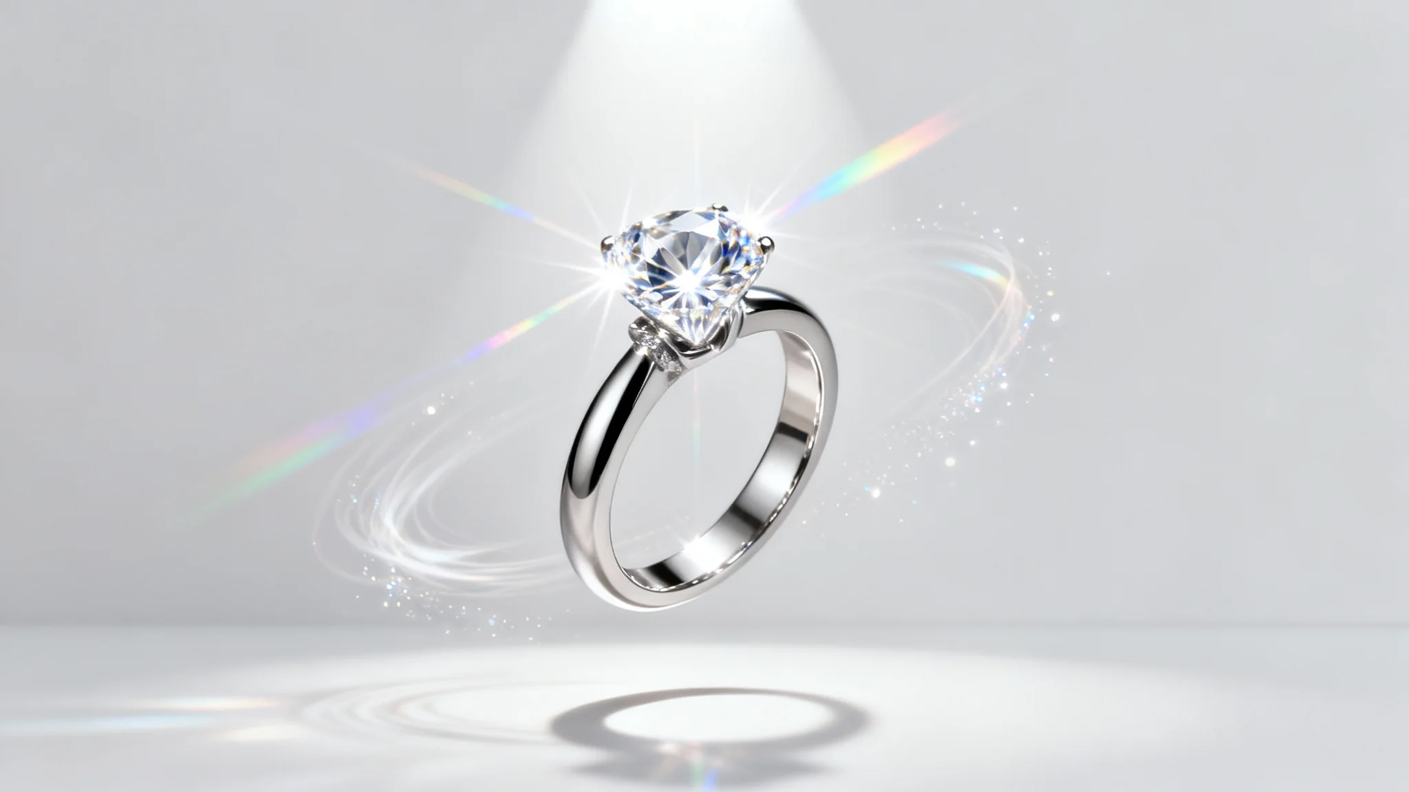 A hyper-realistic image of a brilliant-cut diamond ring levitating against a white background, with sparkles and light trails creating a sense of animation and movement.
