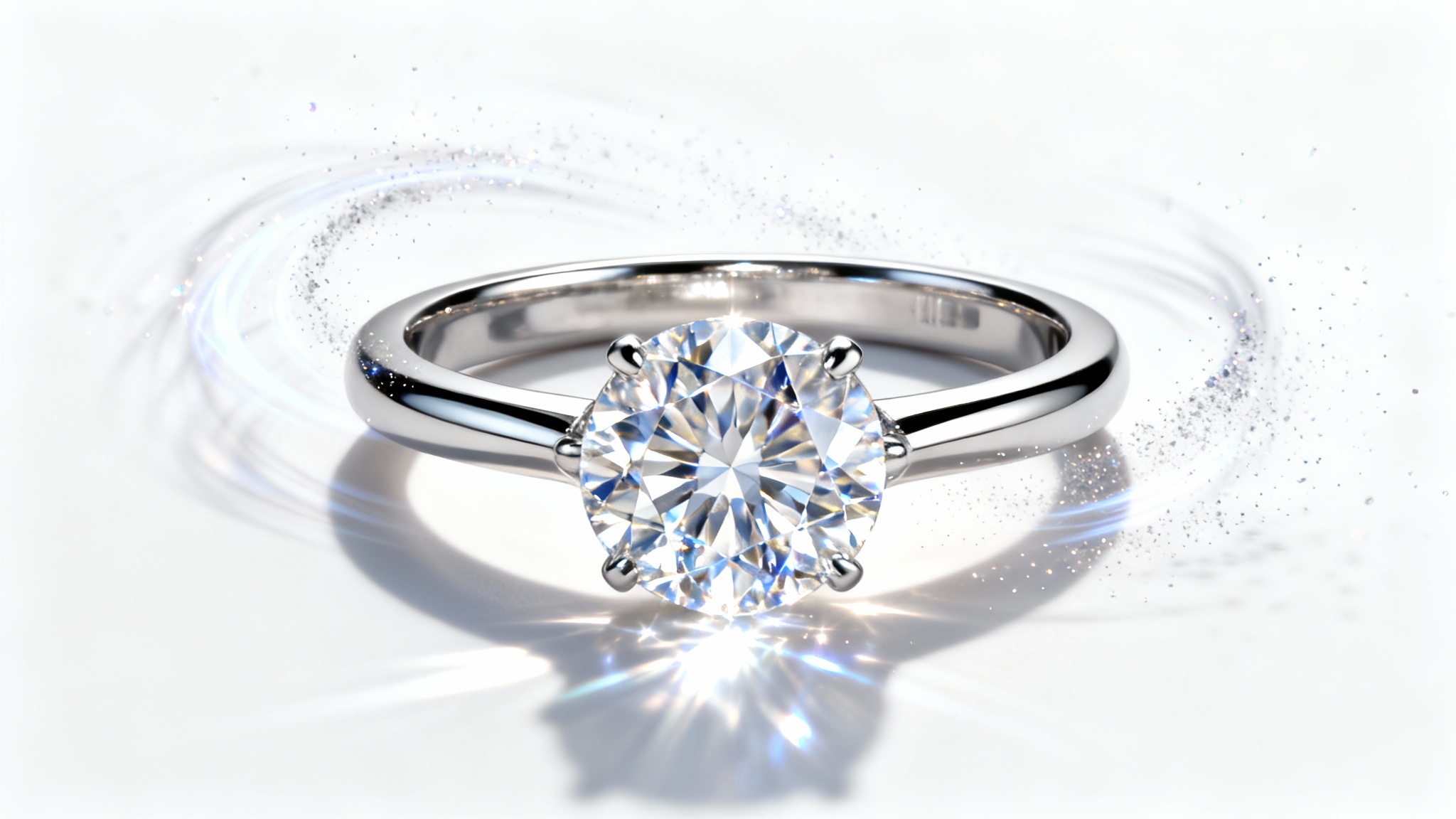 A photorealistic image of a brilliant-cut diamond ring on a white background, with swirling sparkles of light around it to represent animation.
