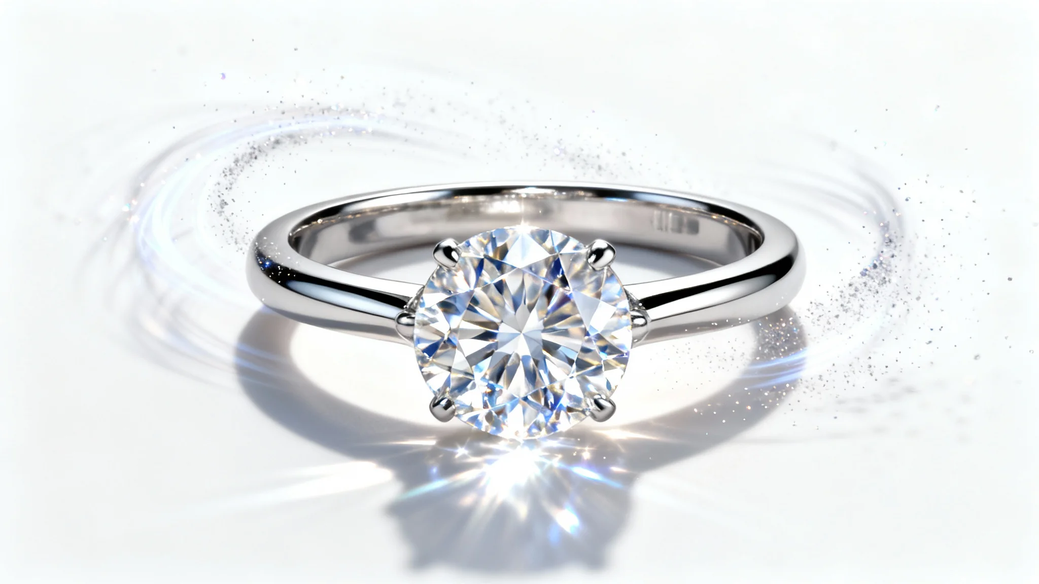 A photorealistic image of a brilliant-cut diamond ring on a white background, with swirling sparkles of light around it to represent animation.