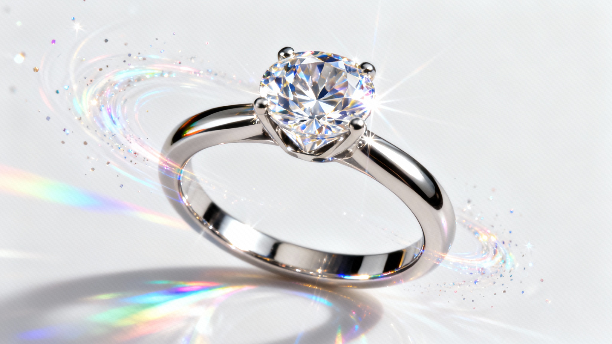 A photorealistic mockup of a brilliant diamond engagement ring, sparkling with dynamic light and reflections on a clean white background, representing a diamond ring animation.