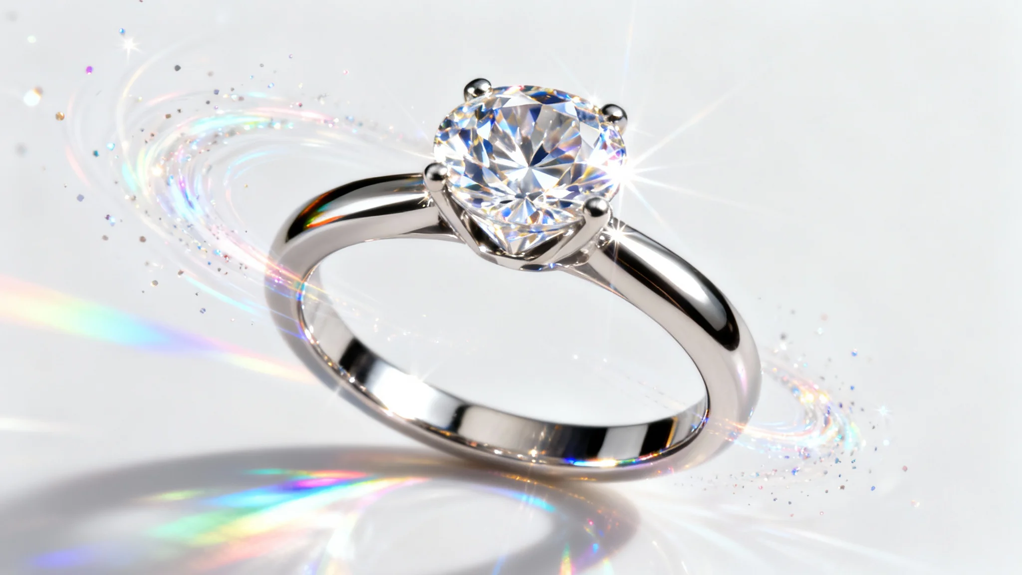 A photorealistic mockup of a brilliant diamond engagement ring, sparkling with dynamic light and reflections on a clean white background, representing a diamond ring animation.