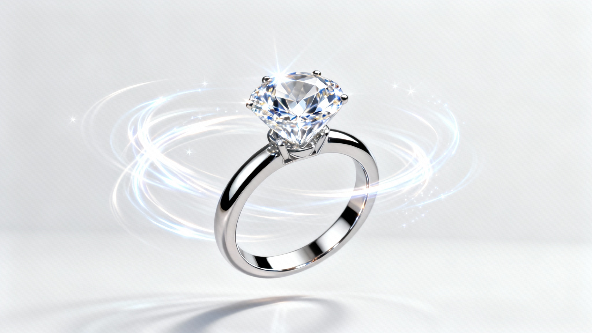 A close-up of a stunning diamond engagement ring with glowing light trails swirling around it, suggesting animation and movement, against a clean white background.