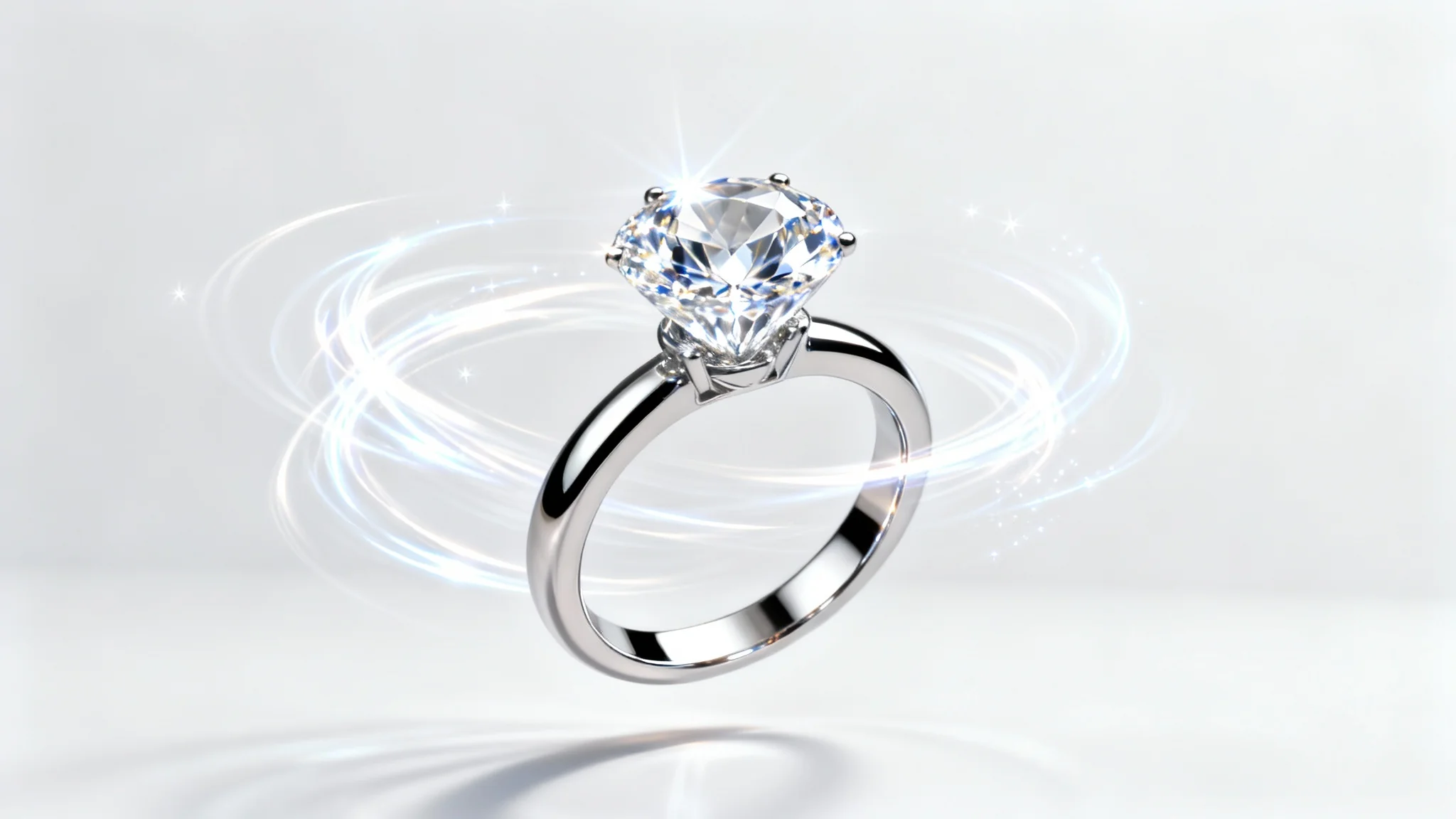 A close-up of a stunning diamond engagement ring with glowing light trails swirling around it, suggesting animation and movement, against a clean white background.