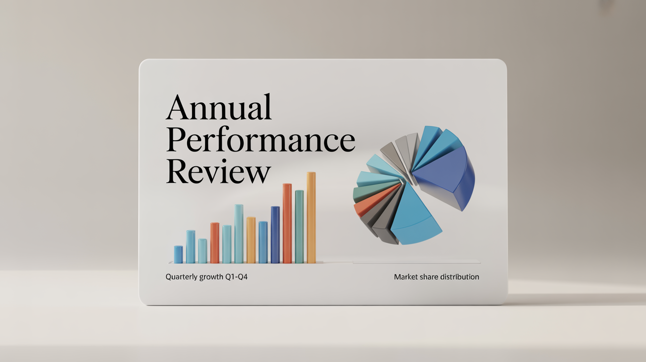 A professionally designed PowerPoint slide showing a final, polished bar chart and pie chart with a clean, modern corporate aesthetic, representing the output of a design tool.
