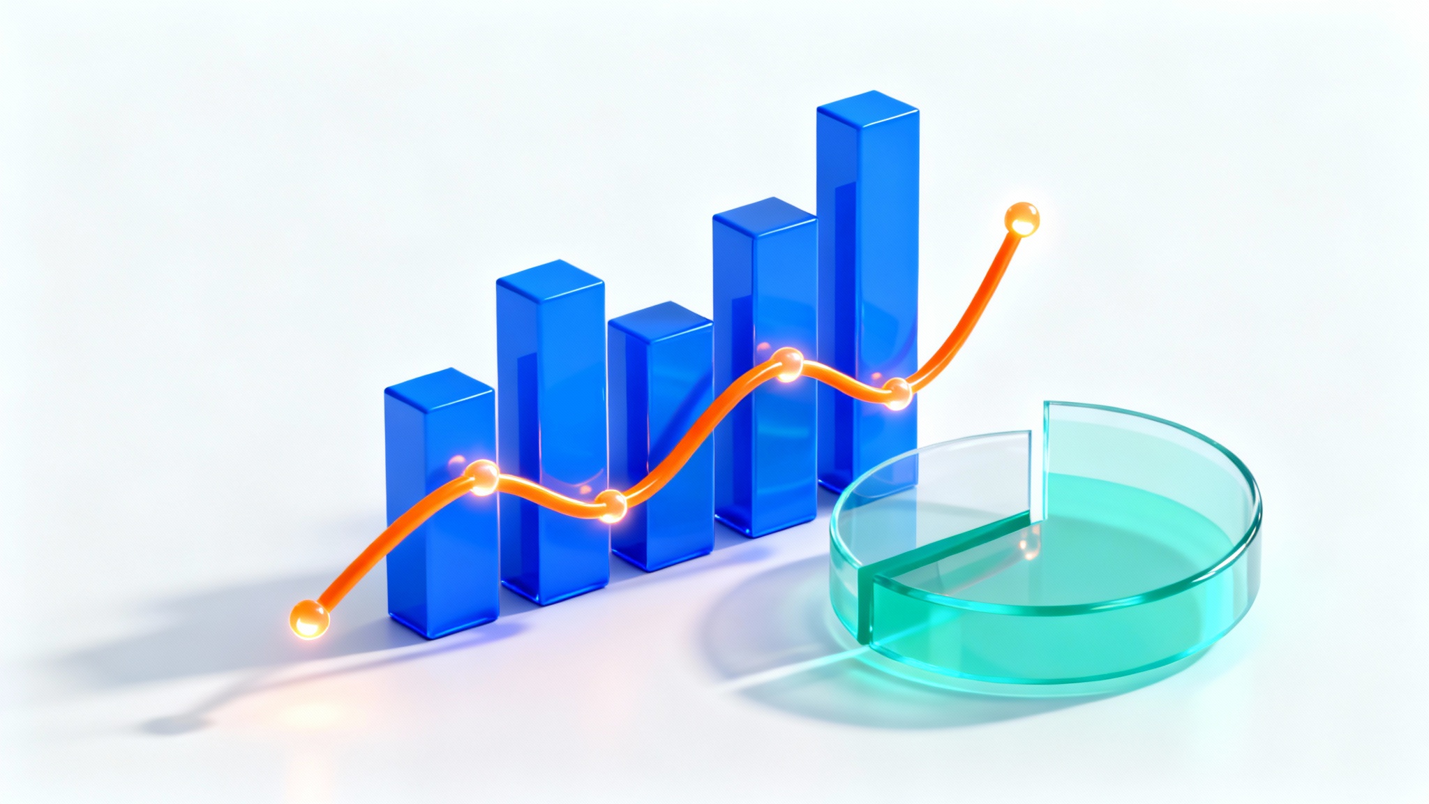 A sleek 3D data chart with blue bars, an orange line graph, and a teal pie chart, representing modern PowerPoint chart design, set against a white background.
