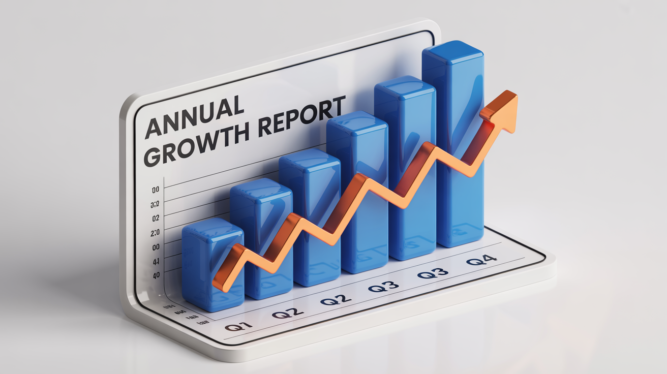A professional 3D combination bar and line chart titled 'Annual Growth Report' showing positive quarterly growth, designed for a PowerPoint presentation and isolated on a white background.