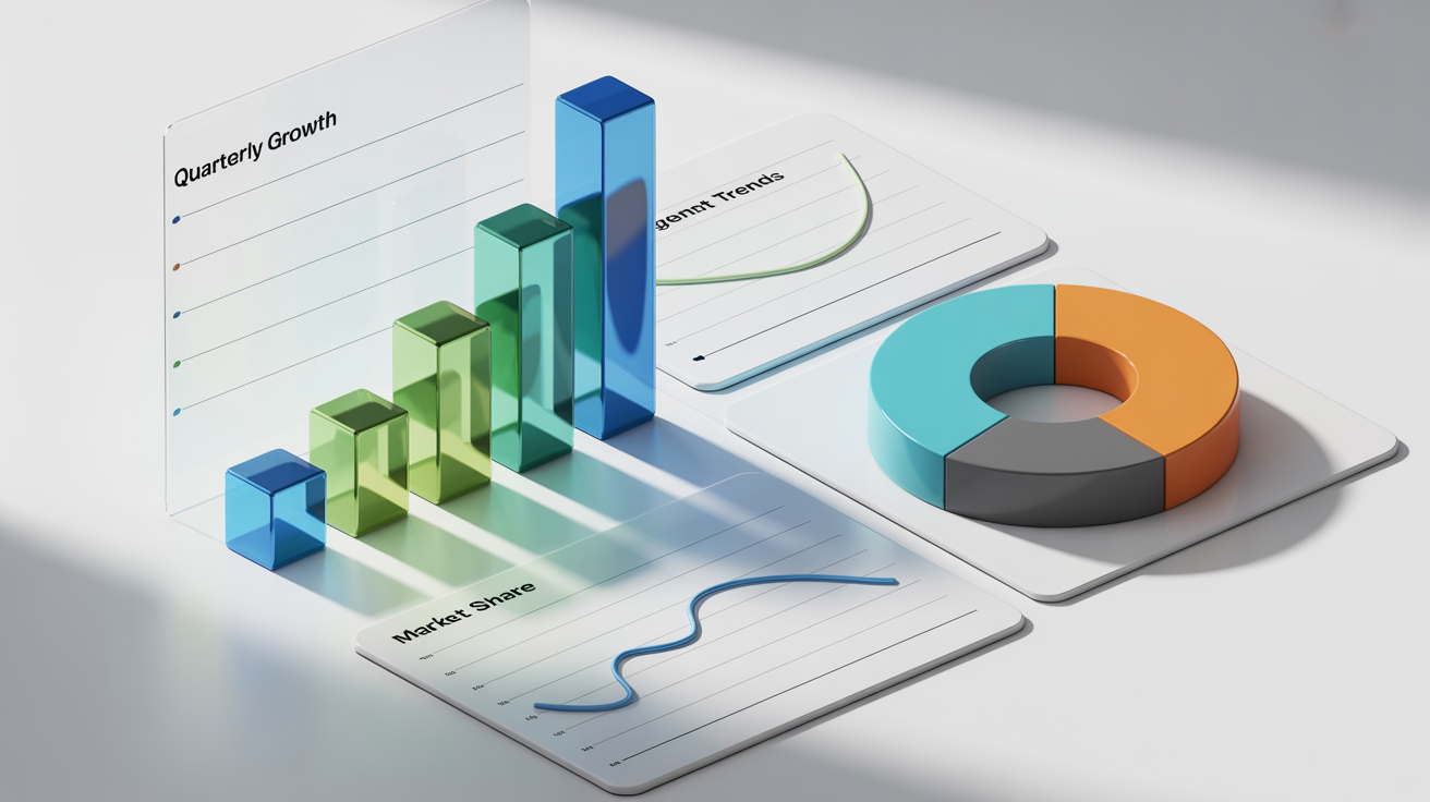 A professional mockup of modern PowerPoint chart designs, including a 3D bar chart, a donut chart, and a line graph, presented on a clean white background.