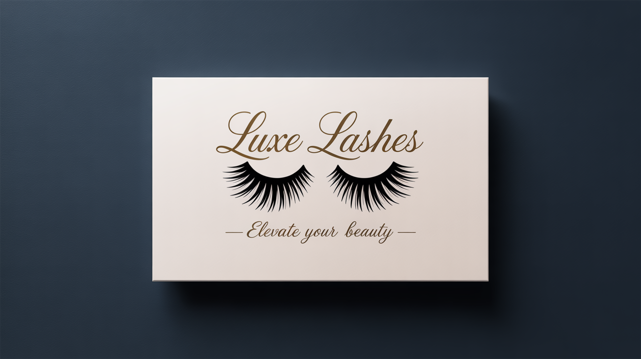 A final design of a luxury eyelash logo for 'Luxe Lashes'. The logo features gold script text and an illustration of elegant eyes with full lashes, set against a dark navy blue background.