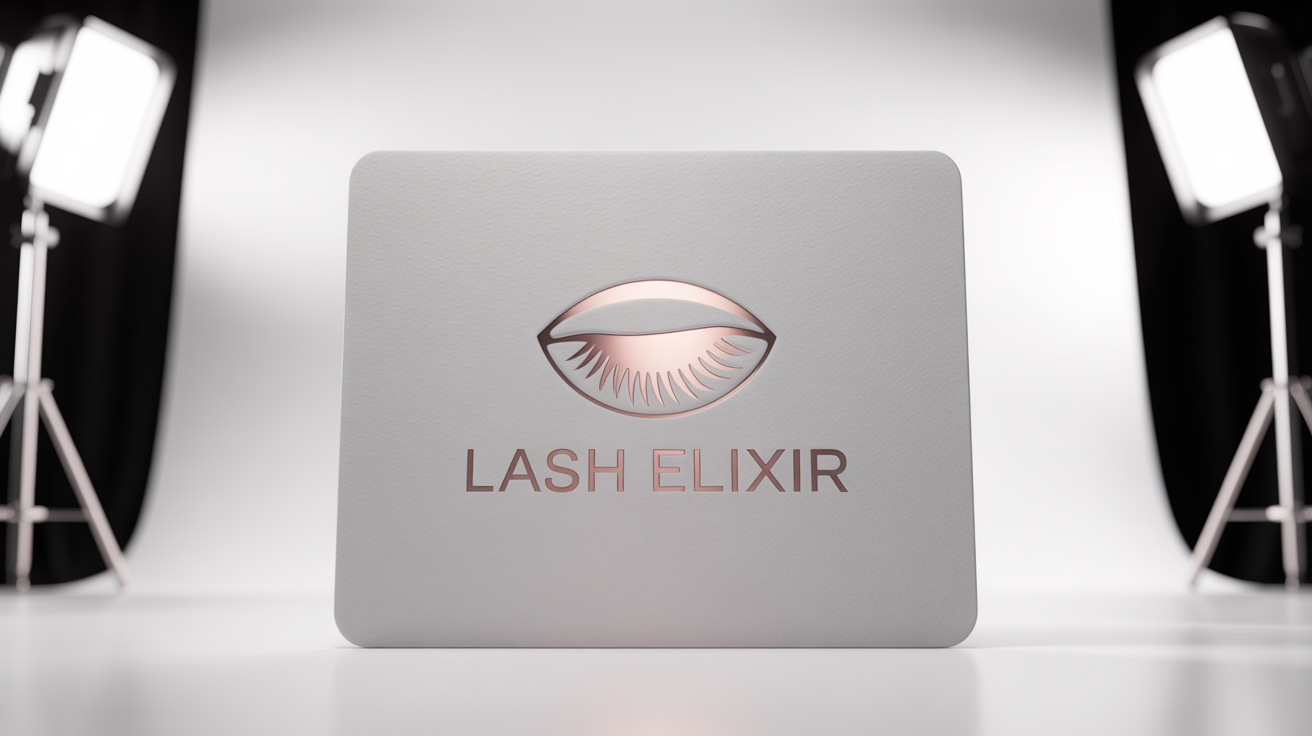 A luxury eyelash logo mockup featuring a rose gold foil design of a stylized eye with long lashes and the text 'LASH ELIXIR' on a premium white card.
