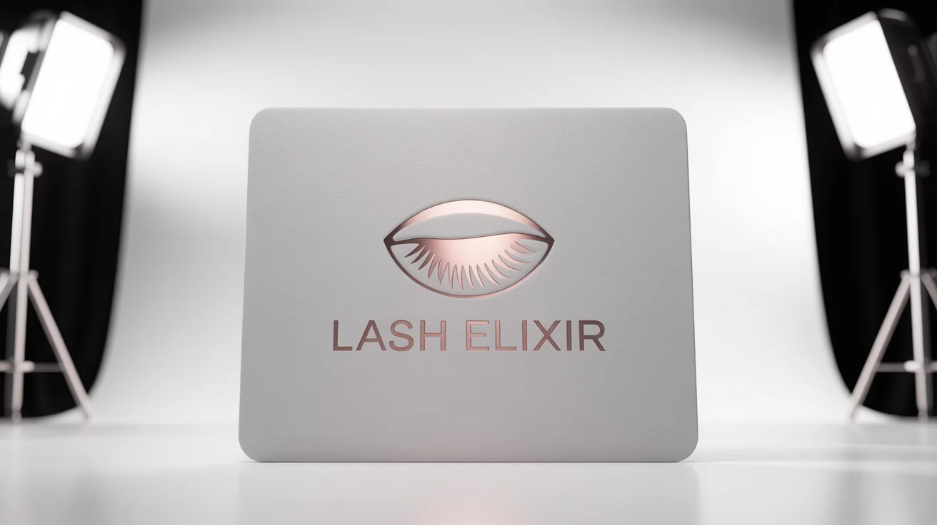 A luxury eyelash logo mockup featuring a rose gold foil design of a stylized eye with long lashes and the text 'LASH ELIXIR' on a premium white card.