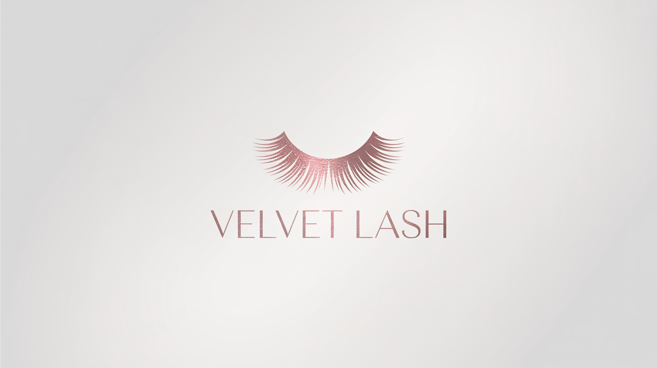 A luxury eyelash logo mockup for 'Velvet Lash' featuring a stylized eye icon and text in rose gold, set against a clean white background.