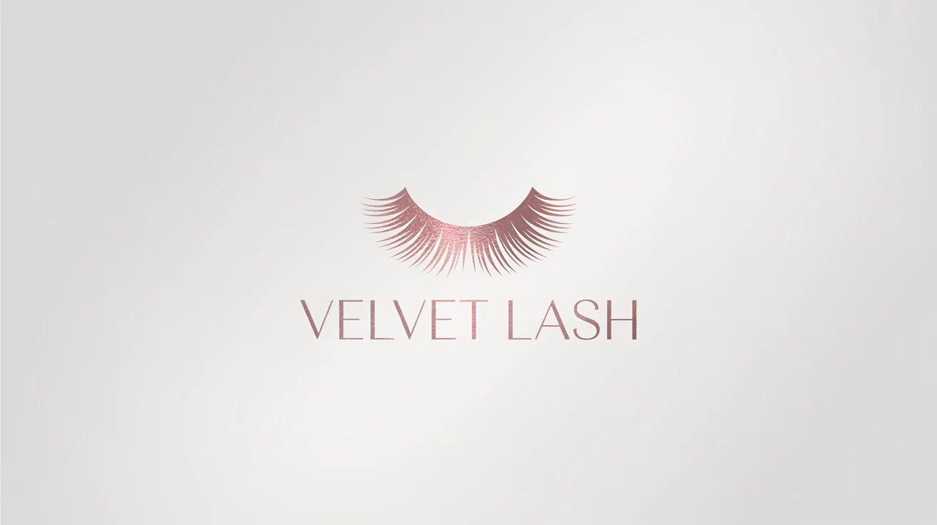 A luxury eyelash logo mockup for 'Velvet Lash' featuring a stylized eye icon and text in rose gold, set against a clean white background.