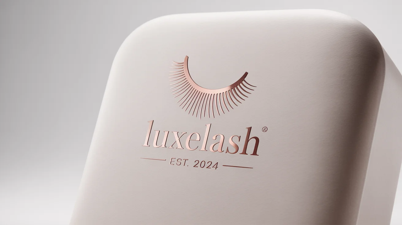 A mockup of a luxury eyelash logo in rose gold foil on a clean white background. The logo features a stylized eyelash icon with the text 'LuxeLash Est. 2024'.