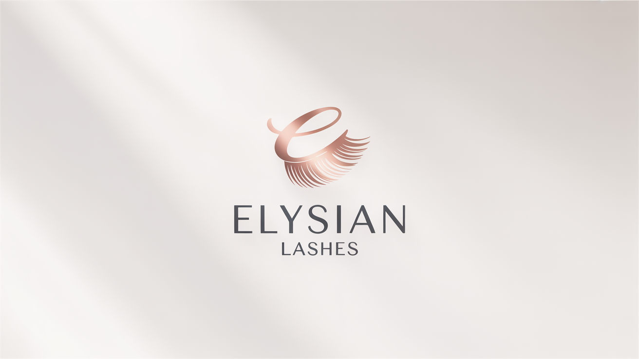 A luxury logo for an eyelash brand named 'Elysian Lashes', featuring a stylized rose gold eyelash icon and elegant text on a clean white background.