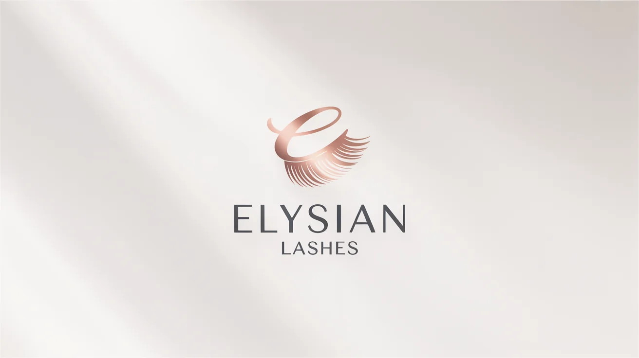 A luxury logo for an eyelash brand named 'Elysian Lashes', featuring a stylized rose gold eyelash icon and elegant text on a clean white background.