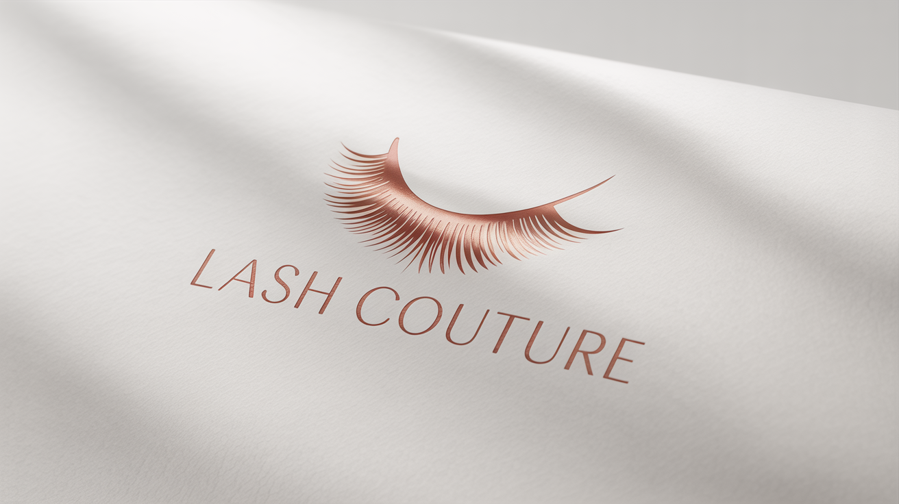 A luxury rose gold logo for an eyelash brand, 'LASH COUTURE', featuring a stylized eye with long lashes on a crisp white background.