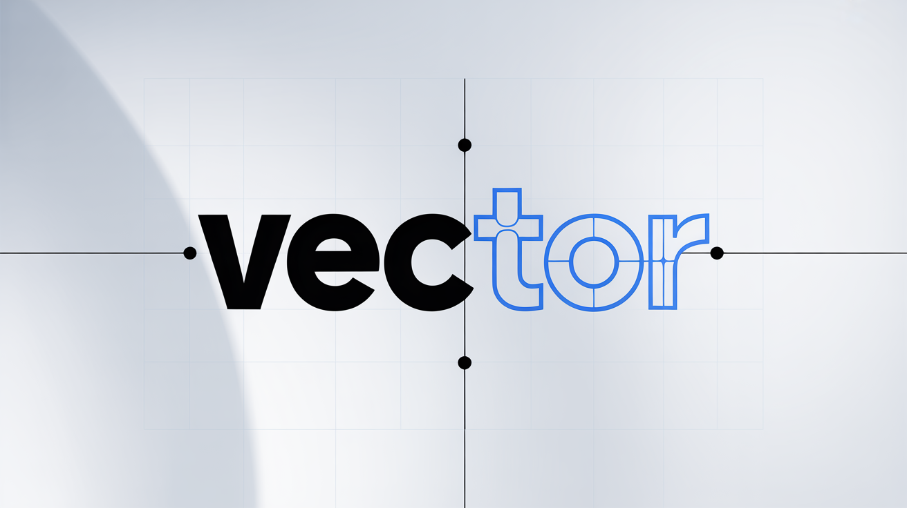 A graphic illustration demonstrating text being converted to curves. The word 'VECTOR' is shown, with the first half as solid black text and the second half as outlines with visible blue vector points and handles.