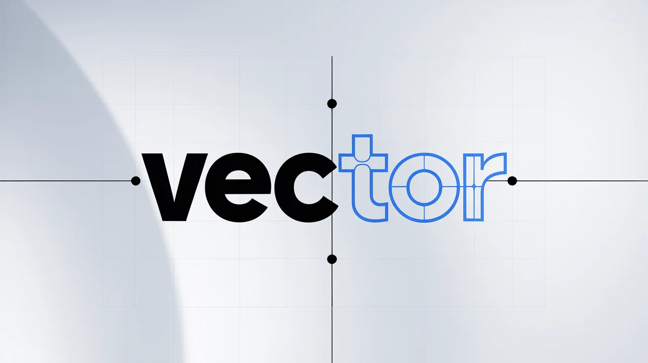 A graphic illustration demonstrating text being converted to curves. The word 'VECTOR' is shown, with the first half as solid black text and the second half as outlines with visible blue vector points and handles.