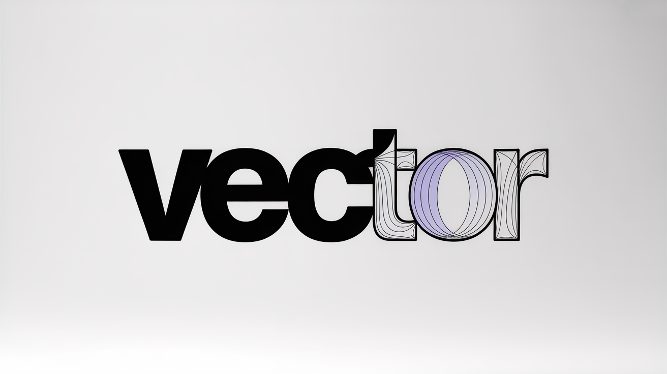 An abstract graphic showing the word 'VECTOR' transitioning from solid black text on the left to its vector outlines with anchor points on the right, illustrating the 'convert text to curves' process on a white background.