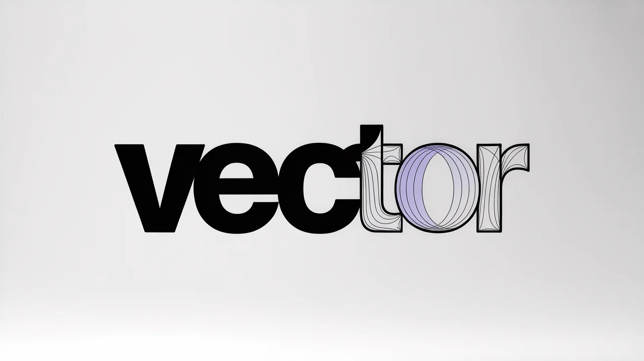 An abstract graphic showing the word 'VECTOR' transitioning from solid black text on the left to its vector outlines with anchor points on the right, illustrating the 'convert text to curves' process on a white background.