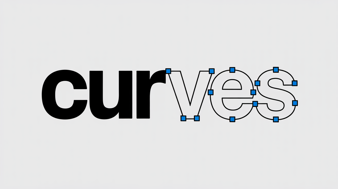 A graphic illustration of the word 'CURVES' transforming from solid text on the left to vector outlines with anchor points and handles on the right, demonstrating the concept of converting text to curves.