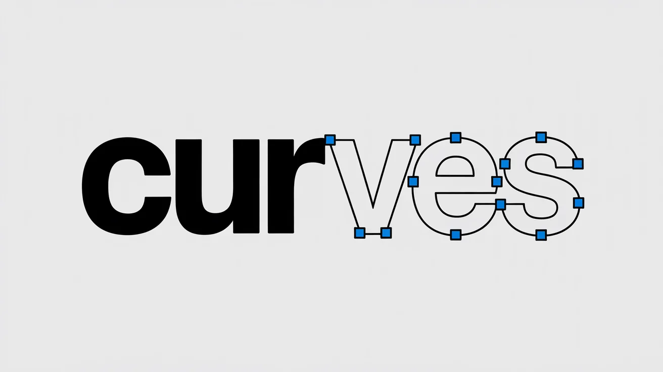 A graphic illustration of the word 'CURVES' transforming from solid text on the left to vector outlines with anchor points and handles on the right, demonstrating the concept of converting text to curves.