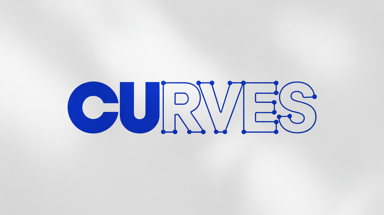 A graphic showing the word 'CURVES' being converted into vector paths. The first two letters are solid blue, while the last four are blue outlines with visible vector points, illustrating the text-to-curves feature.