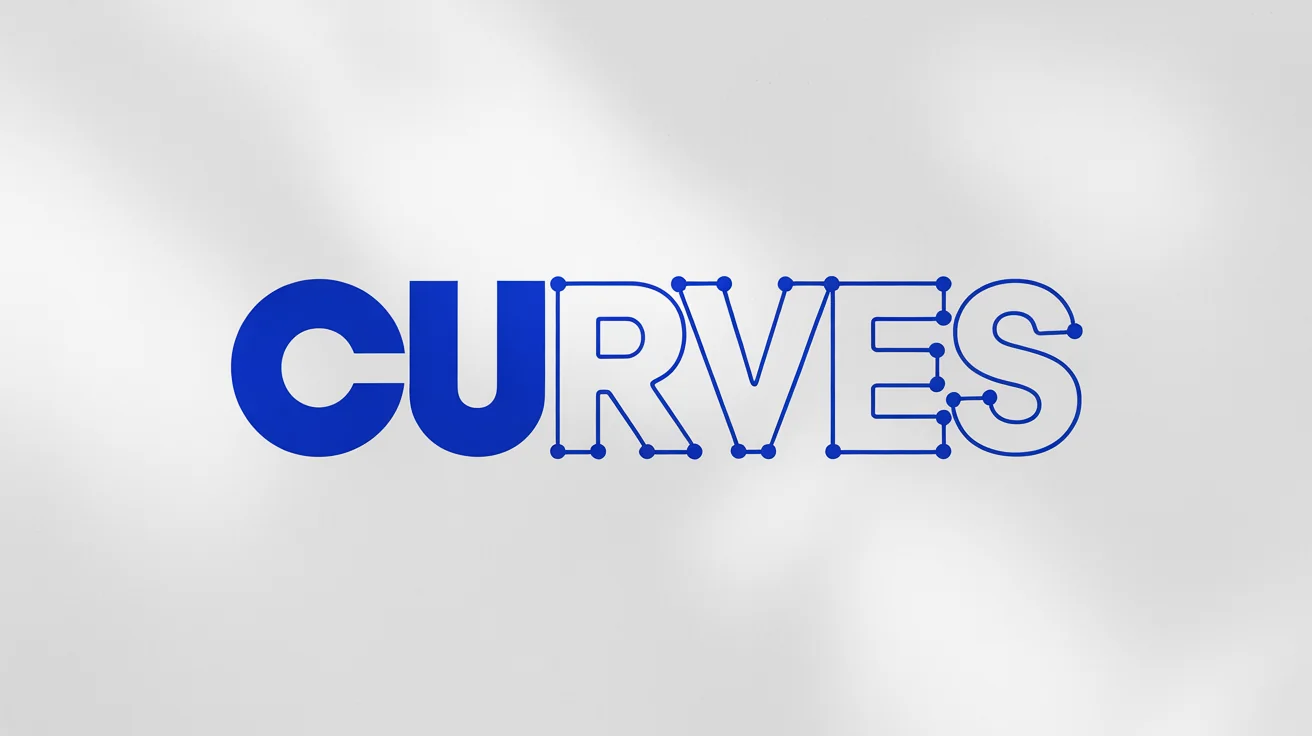 A graphic showing the word 'CURVES' being converted into vector paths. The first two letters are solid blue, while the last four are blue outlines with visible vector points, illustrating the text-to-curves feature.