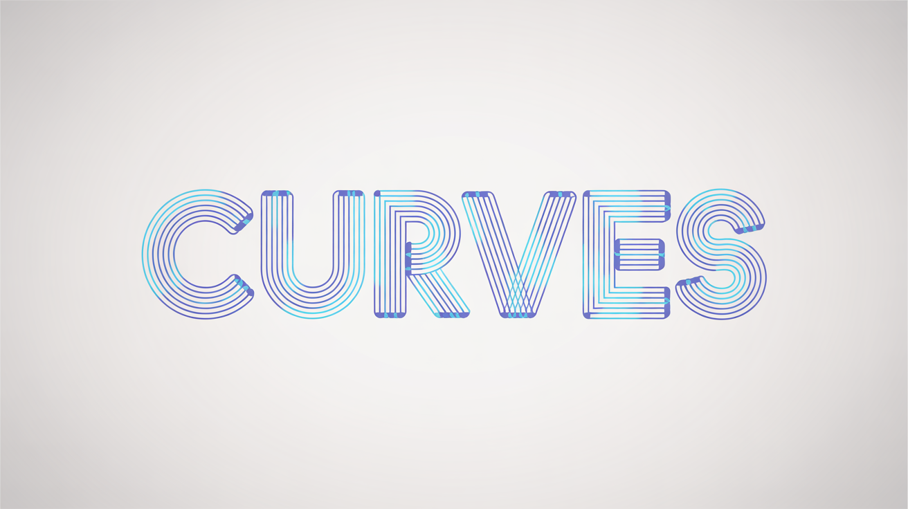 An abstract graphic representing the process of converting text to curves. The word 'CURVES' is shown with its vector outlines, anchor points, and handles visible, on a plain white background.
